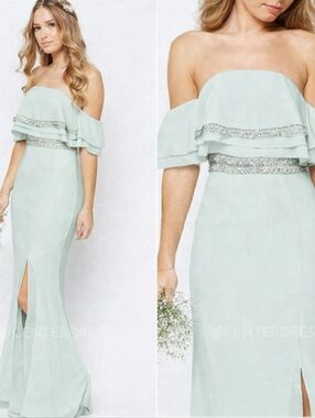 TFNC Cecilia Powder Blue Embellished Strapless Off Shoulder Gown